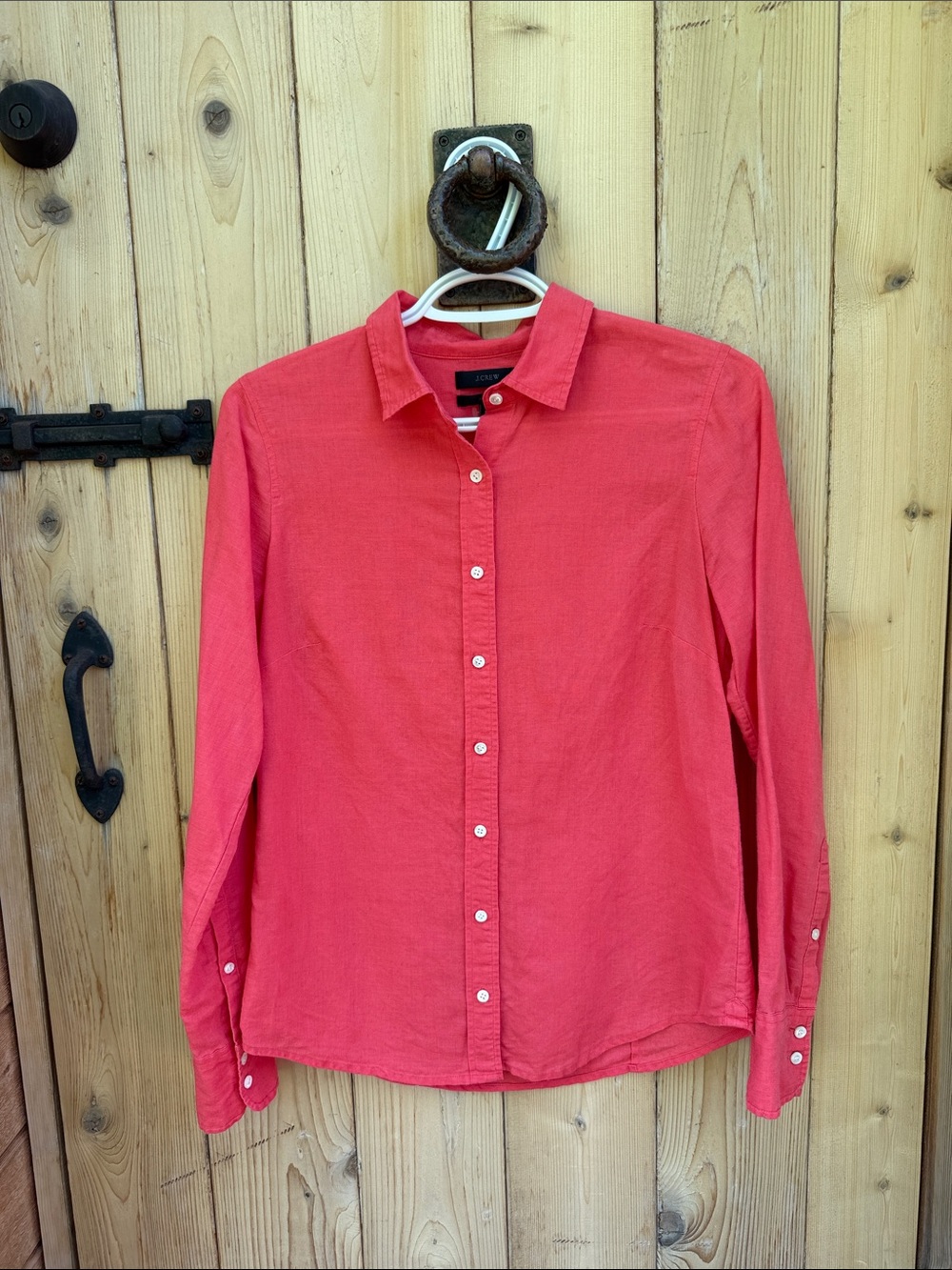 J Crew Shirt Linen Blend Coral Pink Button-Down Long Sleeve Shirt Size 2